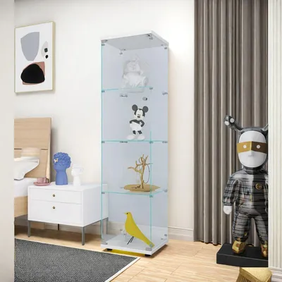 Image de Vitrine en verre, une porte, 4 étagères, blanche, dimensions 36,5 x 42,5 x 164 cm, avec serrure