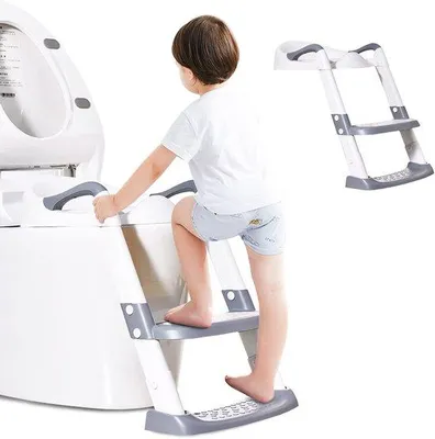 Productafbeelding van Ibenzoa® Ergonomische kinderwc-bril met veiligheidsladder, in hoogte verstelbaar, afneembaar zitkussen, antislip trap en handgrepen, BPA-vrij