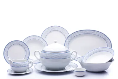 Obrázok produktu pre Jedálenská súprava, český porcelán, opál, modrá mriežka, 25 d., Thun 1794