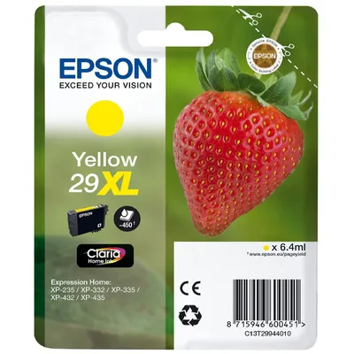 Obrázek produktu pro Epson Strawberry Singlepack Yellow 29XL Claria Home Ink, Vysoká (XL) výtěžnost, Žlutá, Inkoust na pigmentové bázi, 6,4 ml, 1 kusů, 450 str.
