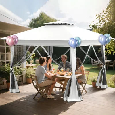 Produktbild von YZNAHRE Pavillon 3x3 Pop up Stabil Winterfest Partyzelt Faltpavillon Höhenverstellbar mit Doppeldach und 4 Moskitonetz Seitenteilen Pavillion Gartenpavillon inkl. Tragetasche,Weiß