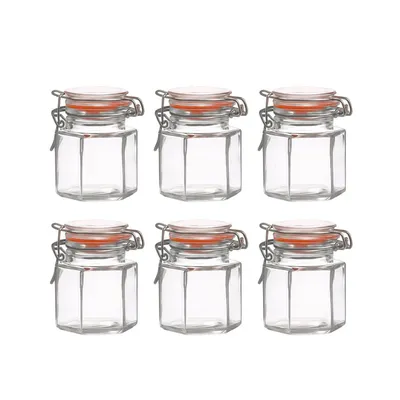 Produktbild von Set mit 6 sechseckigen Einmachgläsern – 100 ml – Glas-Vorratsgläser mit Bügelverschluss – Luftdicht & Wiederverwendbar – Ø 5 x 7,5 cm – Transparent