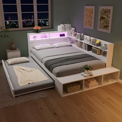 Zdjęcie produktu dla Łóżko drewniane 120x200 cm z wysuwanym łóżkiem 90x190 cm, schowkami przy zagłówku i boku, oświetleniem LED, portem ładowania oraz ławką z miejscem do przechowywania, białe