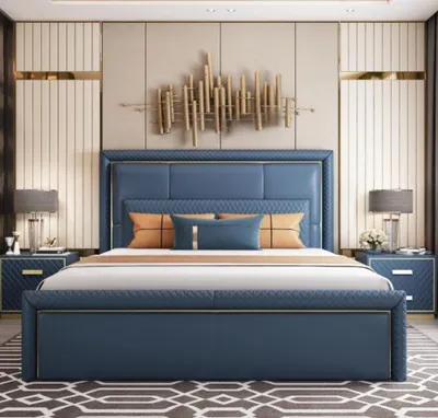 Image de Grand lit bleu de chambre à coucher Lits doubles designer Lits en similicuir