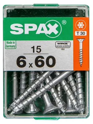 Produktbild von Packung mit 15 Spax Flachkopf-Senkkopfschrauben aus Stahl, 6 mm Durchmesser x 60 mm Länge