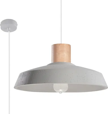 A pendant light with a concrete-look shade and a wooden accent.