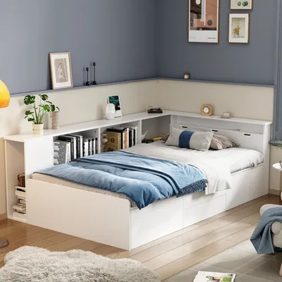 A white multifunctional single bed with storage is set up in a room with blue walls and a light beige headboard.