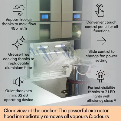 Obrázek produktu pro Klarstein Downdraft digestoř, výsuvná digestoř, tichá digestoř s filtrem, digestoř 60 cm, digestoř s odsáváním/recirkulací se 4 stupni, digestoř s 485 m³/h průtoku vzduchu