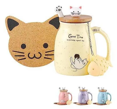 Produktbild von Keramiktasse mit Kätzchen-Deckel und Katzenpfotenlöffel, 380 ml Gelb