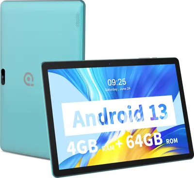 Produktbild von PRITOM Tablet 10" Android 13, 4 GB (2+2 virtuell) RAM, 64 GB ROM, Quad Core, WLAN, Bluetooth, Hellblau – mit kabelloser Tastatur, Maus und Lederhülle
