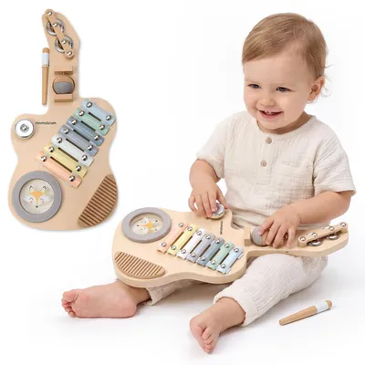 Produktbild von Mamabrum sensorische Holzgitarre für Kinder mit 7 Klangplatten, Trommel und 2 Glöckchen, ab 3 Jahren, inklusive Holzschlägel, 44,5 x 21 x 4,5 cm