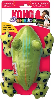 A Kong Shieldz Tropics Frog dog toy is displayed in its retail packaging.