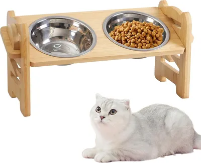 Produktbild von Hundenapf Erh?ht, Dog Bowl mit St?nder Aus Bambus, H?henverstellbare Futterbar Hund mit 2 Edelstahln?pfen, Futternapf Hund Erh?ht Bambus Station fš¹r Kleine Hunde und Katzen, Geneigt und Langlebig