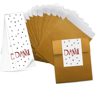 Produktbild von 10 kleine gold-farbene Papier-Tüten Mini-Tütchen (9,5 x 14 cm) + 10 Banderolen (5 x 15 cm) DANKE rot graue HERZEN - Geschenktüten give-aways Mitgebsel Verpackung als Dankeschön für Gäste Kunden25 Stück