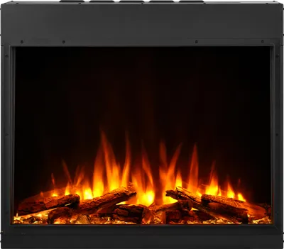 A close-up front view of an electric fireplace with realistic-looking flames and logs.