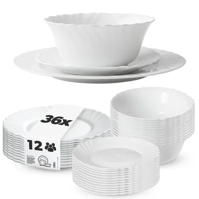 Produktbild von KADAX Geschirrservice 36-teilig, Geschirrset für 12 Personen, Tafelservice mit Müslischale, Dessertteller & Speiseteller, Tellerset aus Opalglas, Geschirr Set (Weiß)
