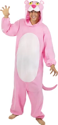 A person wearing a pink panther costume.