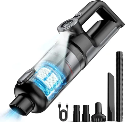 A black and gray cordless handheld vacuum cleaner with various attachments, a charging cable, and a digital display on the handle, shown against a white background.