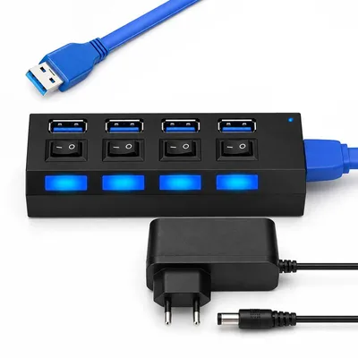 Produktbild von USB Hub 3.0 mit Netzteil – 4 Ports, 5V/2A Adapter, 5 Gbps – Mit Einzelschaltern und LED – Aktiver USB Verteiler für Laptop, PC, Maus und Tastatur
