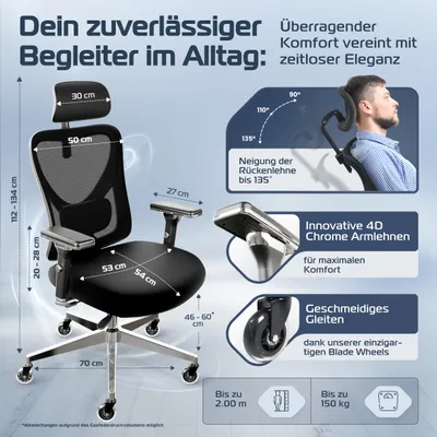 Produktbild von CLOUVOU CleverSeat Bürostuhl Ergonomisch Schreibtischstuhl Höhenverstellbar, 4D-Armlehne, 3D-Kopfstütze, + Rückenkissen [Nr.1 in Preis-Leistung]