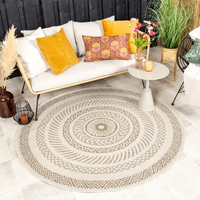 Produktbild von In- & Outdoor Jute Teppich Rund - Nomad Aztec Creme - Ø 200cm - Boho, Industrielle, Ländlich, Orientalisch, Skandinavisch - Wohnzimmer, Esszimmer, Balkon, Garten / Terrasse -  FRAAI | Home & Living