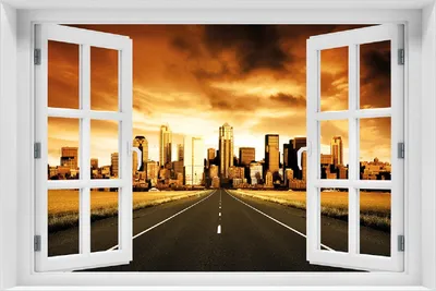 Produktbild von Wallario Poster mit Fenster-Illusion: Skyline am Ende der Straße, Größe: 100 x 150 cm