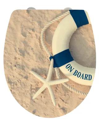 A toilet seat with a beach-themed design featuring a life preserver and a starfish on sand.