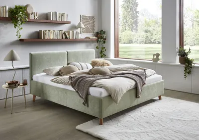 Produktbild von Meise Möbel Polsterbett Piano 180x200 cm | Doppelbett | Bettgestell | Kopfteil mit tiefem Einzug | Strukturstoff Hellgrün | Holzfuß eichefarbig