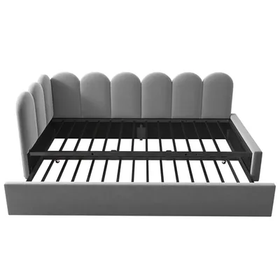 Produktbild von Flieks Polsterbett Schlafsofa 90x200cm mit Ausziehbett, Tagesbett Daybed mit Lattenrost, Kinderbett Jugendbett Einzelbett Holzbett, Samt, Grau