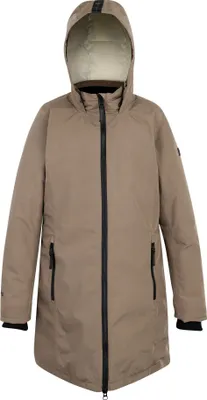 A beige jacket with black zippers and cuffs, shown from the front against a white background.