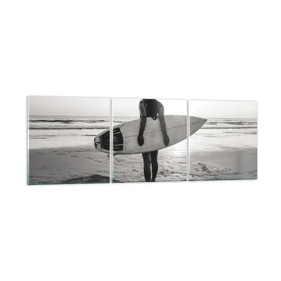 Produktbild von Bilder auf glas - 3 Teile - Frau Strand Surfen - 90x30cm - Glasbilder - Wandbilder - Bilder - zum Aufhängen bereit - Wanddekoration aus Glas - Glas Bilder - Wandbild auf Glas - GCA90x30-5036