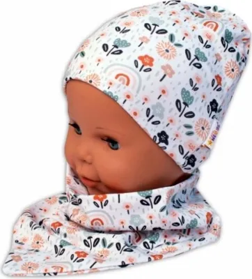 Productafbeelding van Baby Nellys Tweedelige muts + sjaal "Palouček", crème kleur, maat 104/110