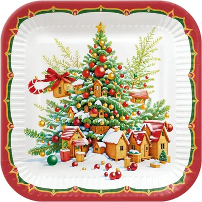 Produktbild von Quadratische Pappteller mit niedlichem Weihnachtsmannmotiv, 23 cm, 8 Stück.