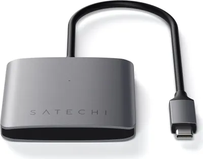 A Satechi USB-C hub is shown against a white background.