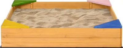 Image de Outsunny Bac à sable carré en bois pour enfants 4 sièges d'angle et film protecteur 109 x 109 x 19,8 cm Bois naturel