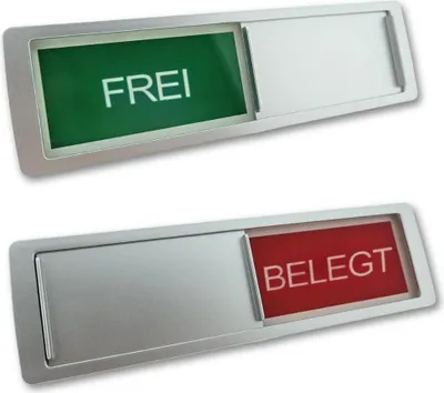 Produktbild von Schiebeschild "Frei-Belegt" in einem silberfarbenen Kunststoffschiebeprofil ca. 178x50mm