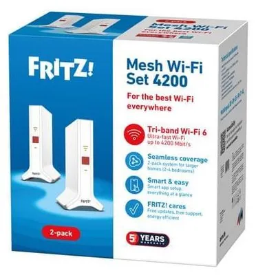 Obrázok produktu pre Mesh Set 4200 2-pack Edition International, Červená, Biela, 2x2/4x4, Sieťový opakovač, Dvojpásmový (2,4 ghz/5 ghz), Wi-Fi 6 (802.11ax), 4200 Mbit/s