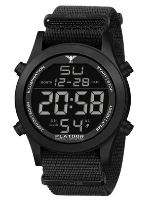 A black digital watch with a nylon strap is shown against a white background.