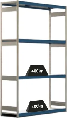 Produktbild von Weitspannregal ELCH Stecksystem T-Profil | Grundregal | HxBxT 300x201x60cm | 4 Ebenen | Stahlplatten-Fachboden | Fachlast 400kg | Enzianblau