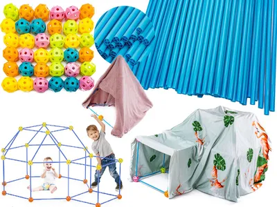 A collage of images showing components and examples of a fort building kit for children.