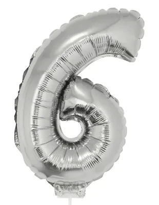 Produktbild von Zahlen Folienballon 41 cm mit Stab - Silber | Dekoration Geburtstag Jahrestag Zahl: 6