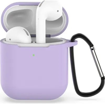 A purple silicone case for Apple AirPods with the AirPods inside and the case lid open. A black carabiner clip is attached to the side of the case.