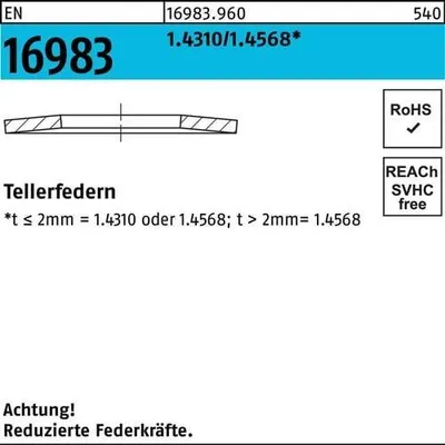 Produktbild von EN 16983 Tellerfeder 16 x 8,2 x 0,9 1.4310/1.4568 100 Stk