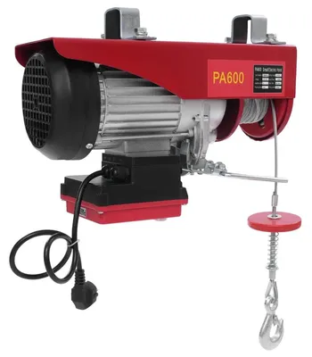 Obrázek produktu pro Elektrický naviják/elektrický kladkostroj – 300/600 kg – 1200 W – zdvih 12/6 m – rychlost zdvihu 10/5 m/min – rádiové dálkové ovládání 80 m – ocelové lano 12 m – červený
