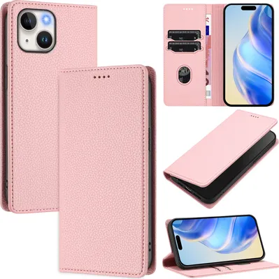 Image de Étui en cuir pour iPhone 15, Litschi cuir, étui portefeuille avec fentes pour cartes et support Rose