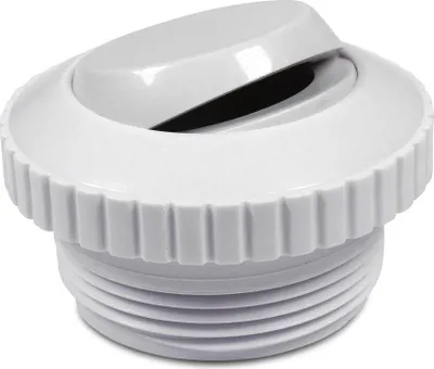 A close-up studio shot of a white plastic nozzle with threaded base and a slotted adjustable top.
