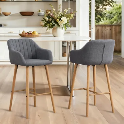 Image de LVHOM Lot de 2 tabourets de bar en lin avec accoudoirs et dossier, tabourets de comptoir en bois de style scandinave, tabourets de bar rembourrés pour îlot de cuisine, gris
