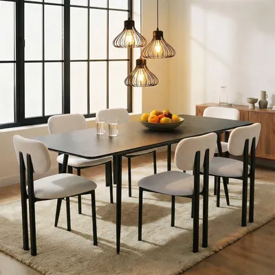 Produktbild von Essgruppe ORSA/FRANCA mit Tisch und 6 Stühlen, Schwarz/Weiß - Esstisch ausziehbar 160-200 x 80 cm, Esszimmermöbel Set, ideal für Esszimmer und Küche [max. Belastbarkeit 120 kg]