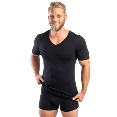 Produktbild von HERMKO 554880 Herren kurzarm Shirt mit V-Ausschnitt aus Baumwolle/Modal/Elasthan, Größe:D 8 = EU XXL, Farbe:schwarz