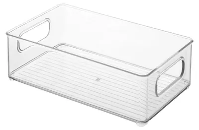 A clear plastic storage container with handles.